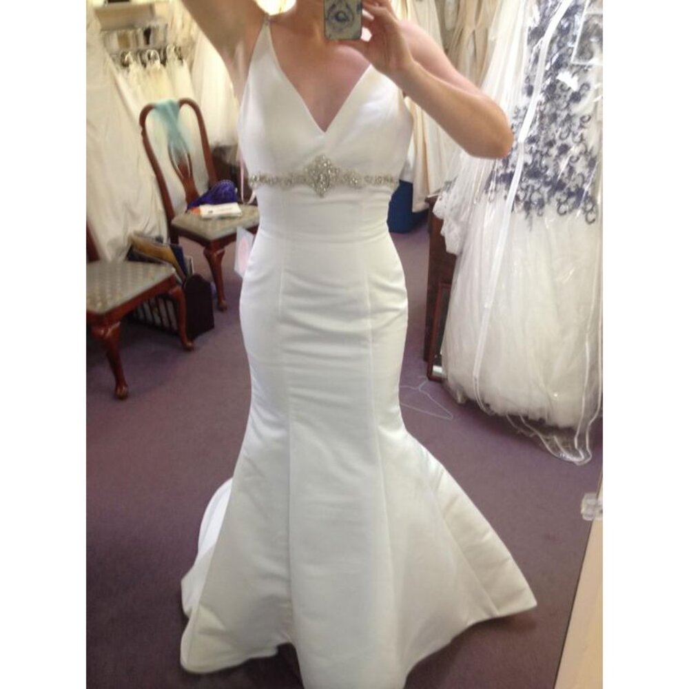 SAMPLE Sexy Satin Fit & Flare, White Empire Mermaid Wedding Dress, BLING Straps